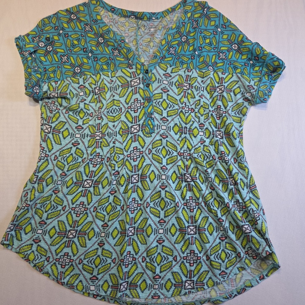 New Directions Weekend‎ Popover Blouse Women's Medium Blue Geometric Rayon Top